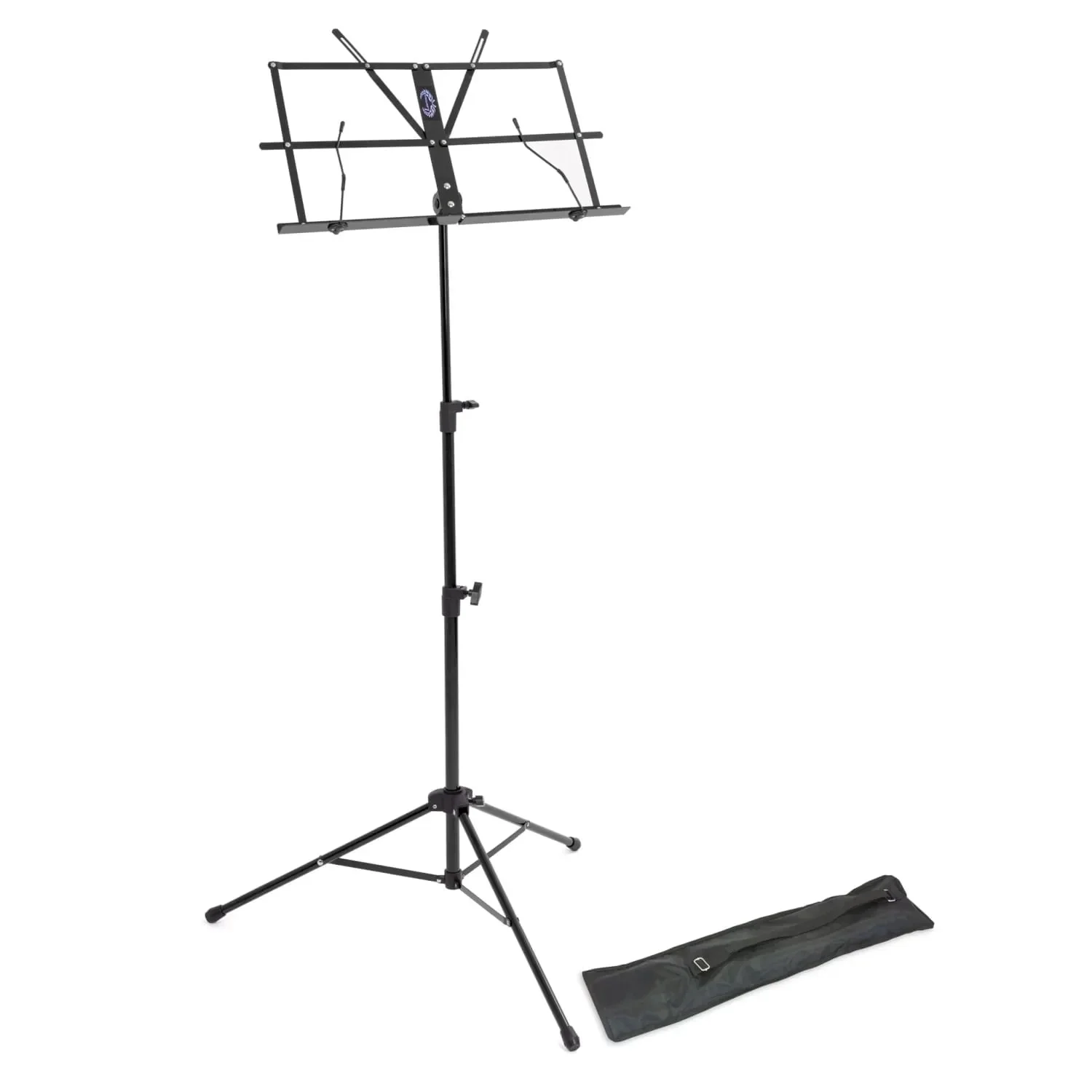 Lawrence Lightweight Folding Music Stand, black tripod, 3-tier stem, folding desk with page retainers, canvas carry bag