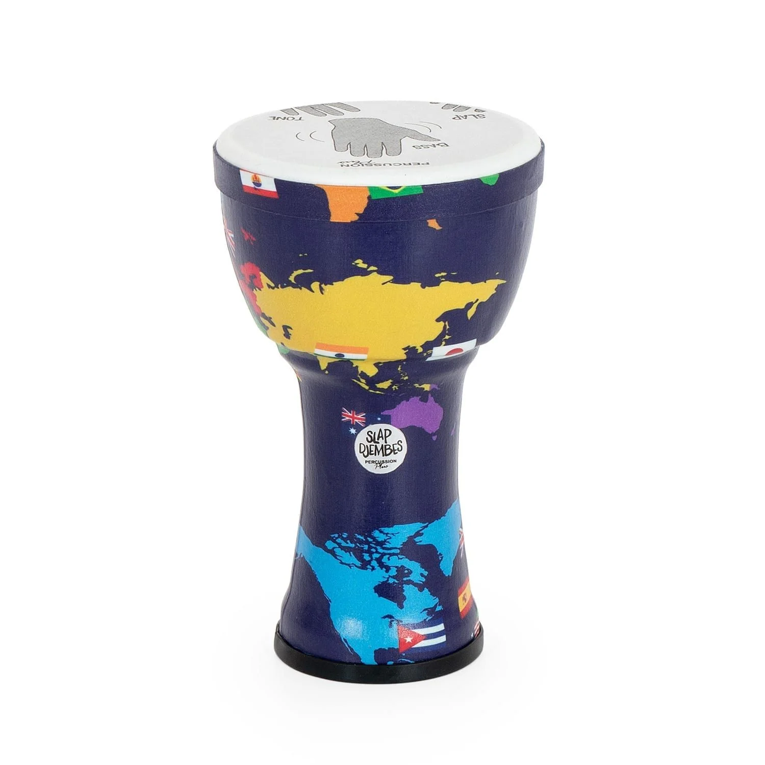 Side view of a World Slap Djembe drum, 7-inch diameter and 32cm high, featuring a vibrant world map design with country flags. The pre-tuned synthetic drumhead displays hand position instructions for Bass, Slap, and Tone, perfect for beginner percussionists and educational settings.