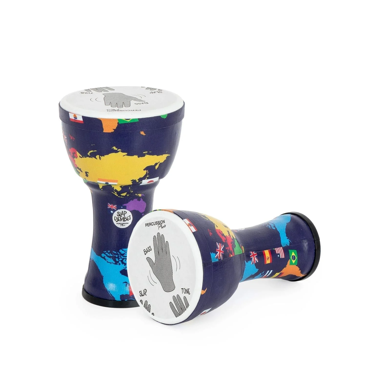 Two World Slap Djembe drums, 7-inch diameter and 32cm high, featuring colorful world map designs with country flags. The pre-tuned synthetic drumheads display hand positioning guides for Bass, Slap, and Tone, making them ideal for beginners, educational use, and percussion enthusiasts.