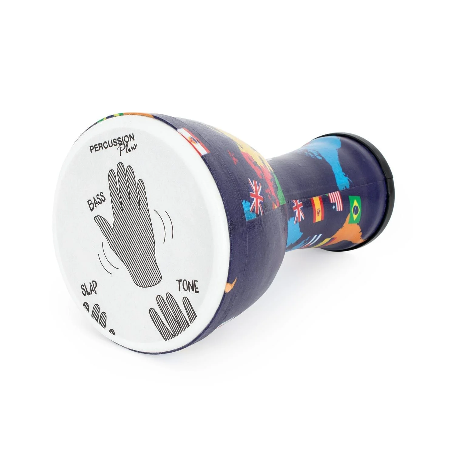 Side view of the Percussion Plus 7-inch Djembe Drum with World Map design, showcasing flags from countries like the UK, Brazil, and Spain. The drum features a pre-tuned synthetic drumhead with hand position diagrams for Bass, Tone, and Slap sounds, designed for beginner percussionists.