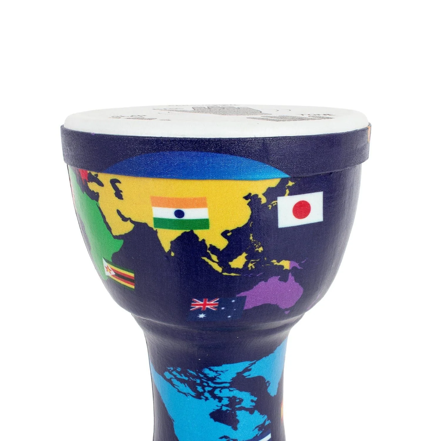Top view of the Percussion Plus 7-inch Djembe Drum with World Map design, featuring flags from countries including India, Japan, and Australia. The drum has a pre-tuned synthetic drumhead with hand positions for Bass, Tone, and Slap, perfect for beginners.