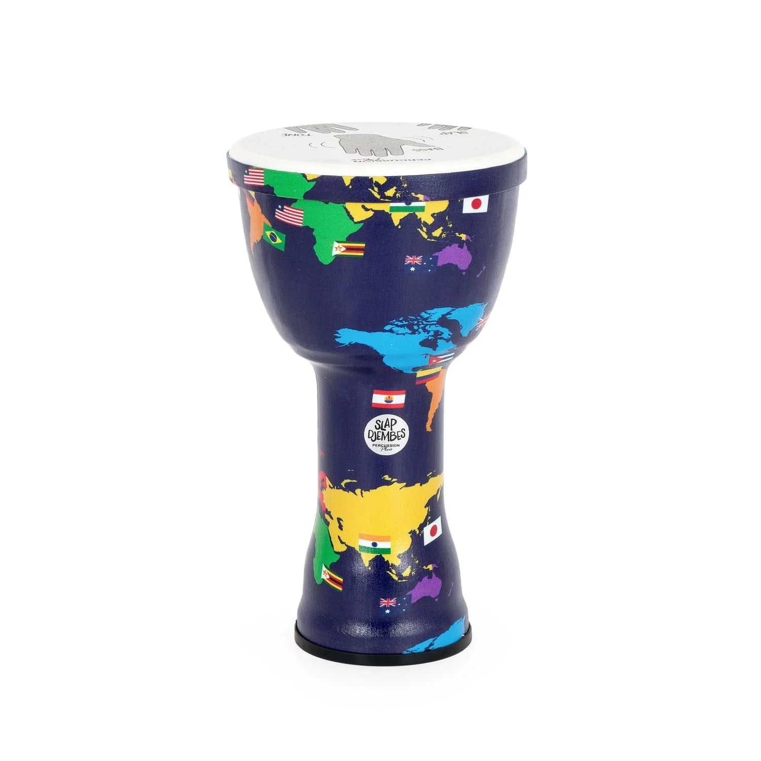 8 inch World Slap Djembe with a pre-tuned synthetic head and a vibrant world map design.