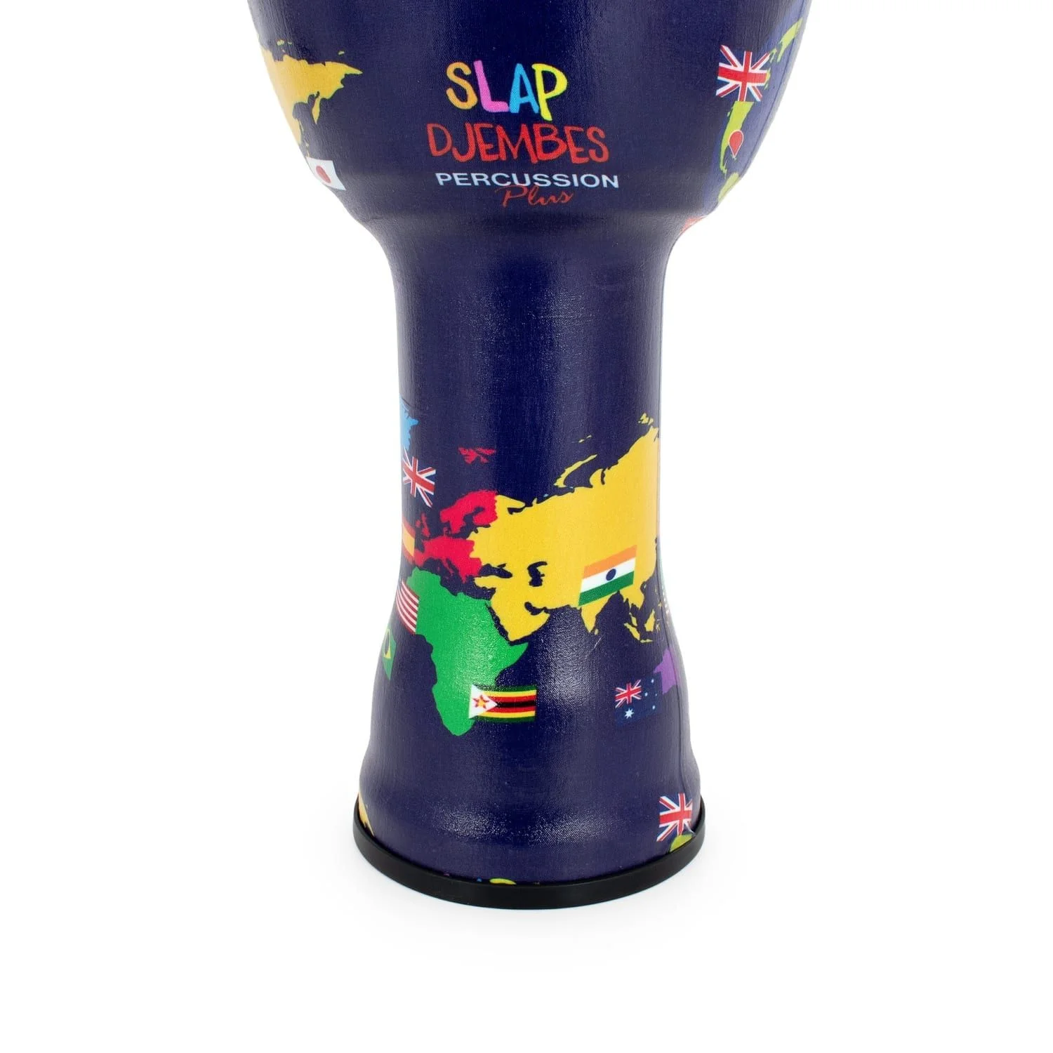 Detailed view of the 8-inch World Slap Djembe's base. The colorful world map design extends to the base of the drum, which is designed for stability.