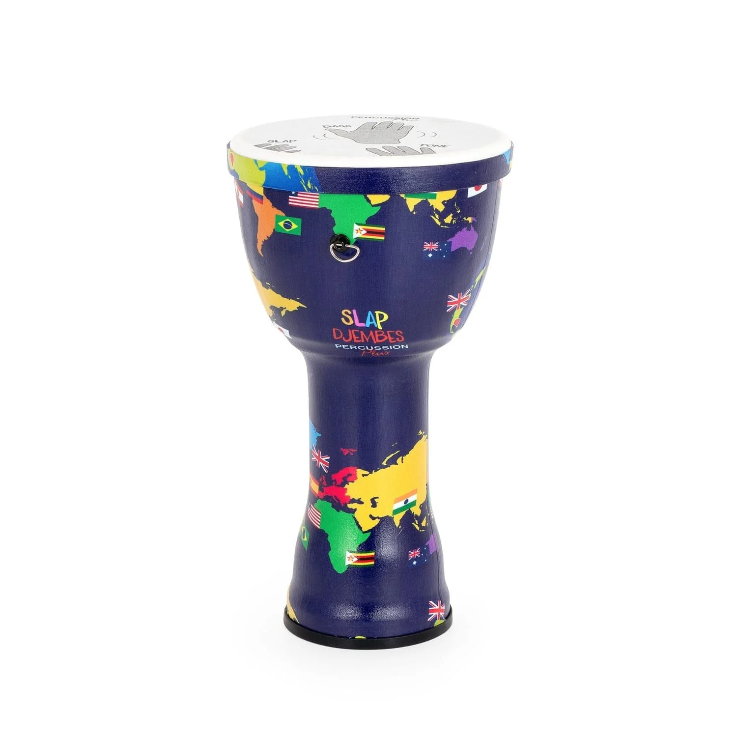 8-inch World Slap Djembe with a pre-tuned synthetic head and a vibrant world map design, ready to play.