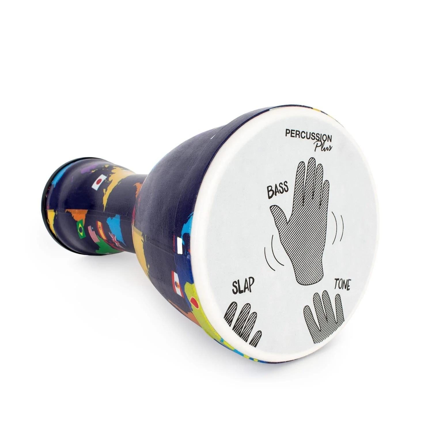 Djembe Drum 8 inch World Slap Synthetic Pre-tuned. This drum features a vibrant world map design and a guide for playing bass, tone, and slap sounds.