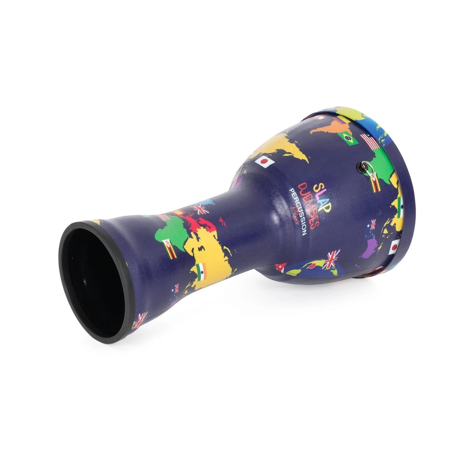 Djembe Drum 8 inch World Slap Synthetic Pre-tuned. This drum features a vibrant world map with flags, shown from a dynamic angle.