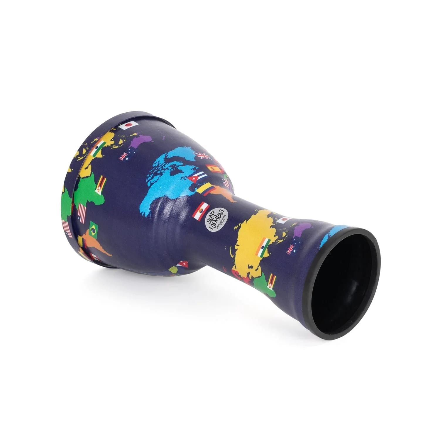 Djembe Drum 8 inch World Slap Synthetic Pre-tuned. This image shows the drum positioned horizontally, highlighting the vibrant world map with country flags.