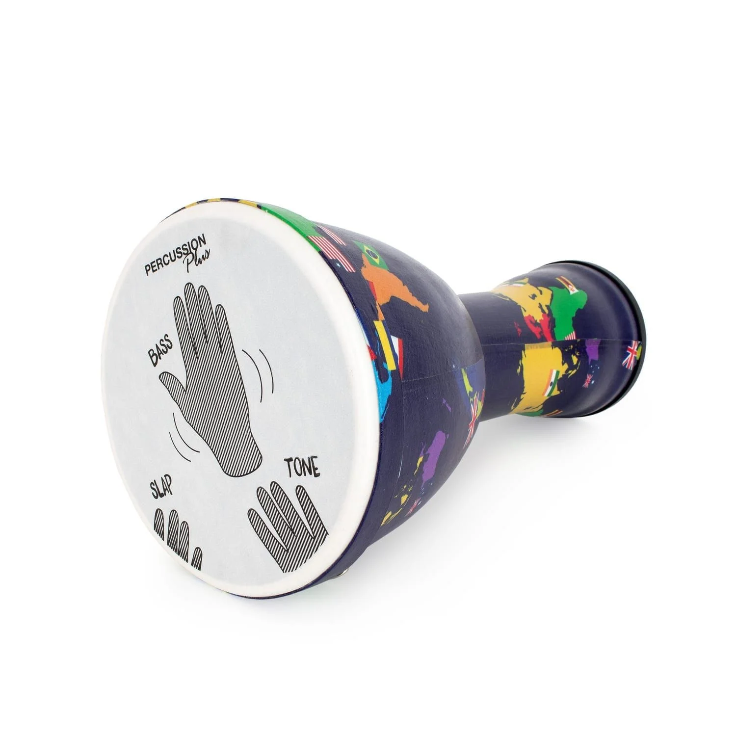Side view of the World Slap Djembe drum, 8-inch diameter and 42cm high, featuring a colorful world map design with country flags. The synthetic drumhead is pre-tuned and displays hand positioning instructions for Bass, Slap, and Tone, ideal for beginner percussionists. Perfect for educational settings and music classes.
