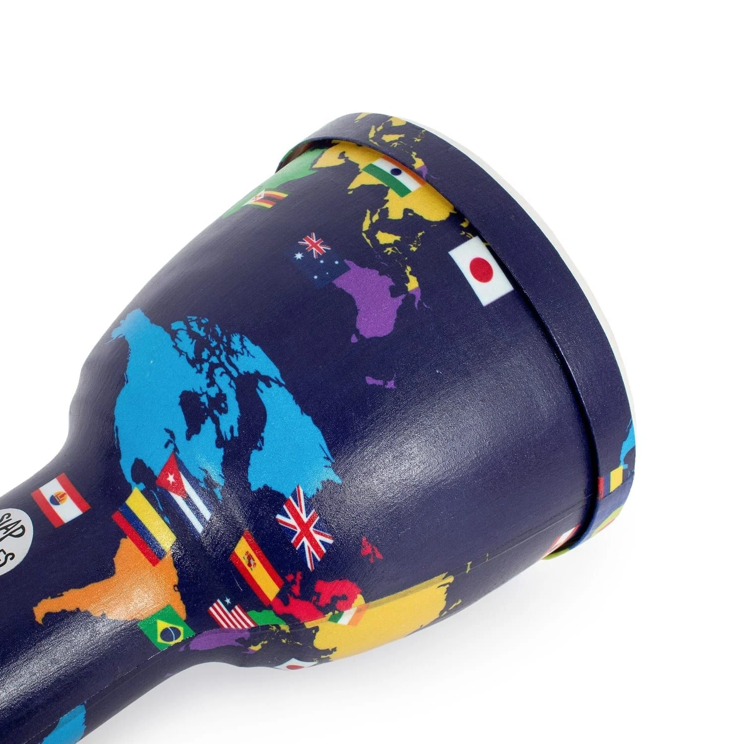 Side view of a Djembe drum with 8-inch diameter and 42cm height, showcasing the colorful world map design adorned with various country flags including the UK, USA, Brazil, Japan, and others. The drum features a pre-tuned synthetic head, ideal for percussion enthusiasts.