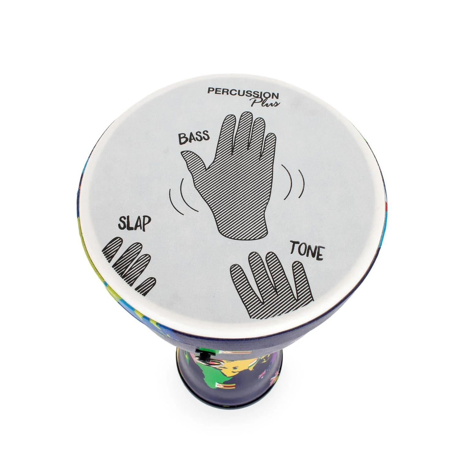 Top view of a Djembe drum with 8-inch diameter and 42cm height, featuring visual cues for hand positioning (Bass, Slap, Tone) on the synthetic drumhead. The drum is pre-tuned with a colorful, world-inspired design, ideal for percussion enthusiasts and musicians.