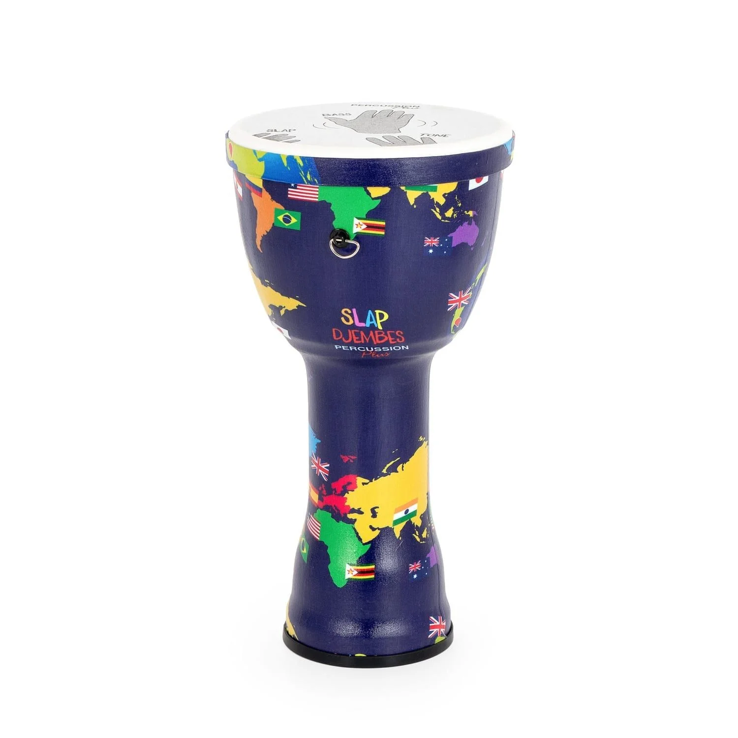 Colorful pre-tuned Djembe drum with a 10-inch diameter and 50cm height, featuring a world map-inspired design and flags on a synthetic body, branded with 'Slap Djembes Percussion' logo.
