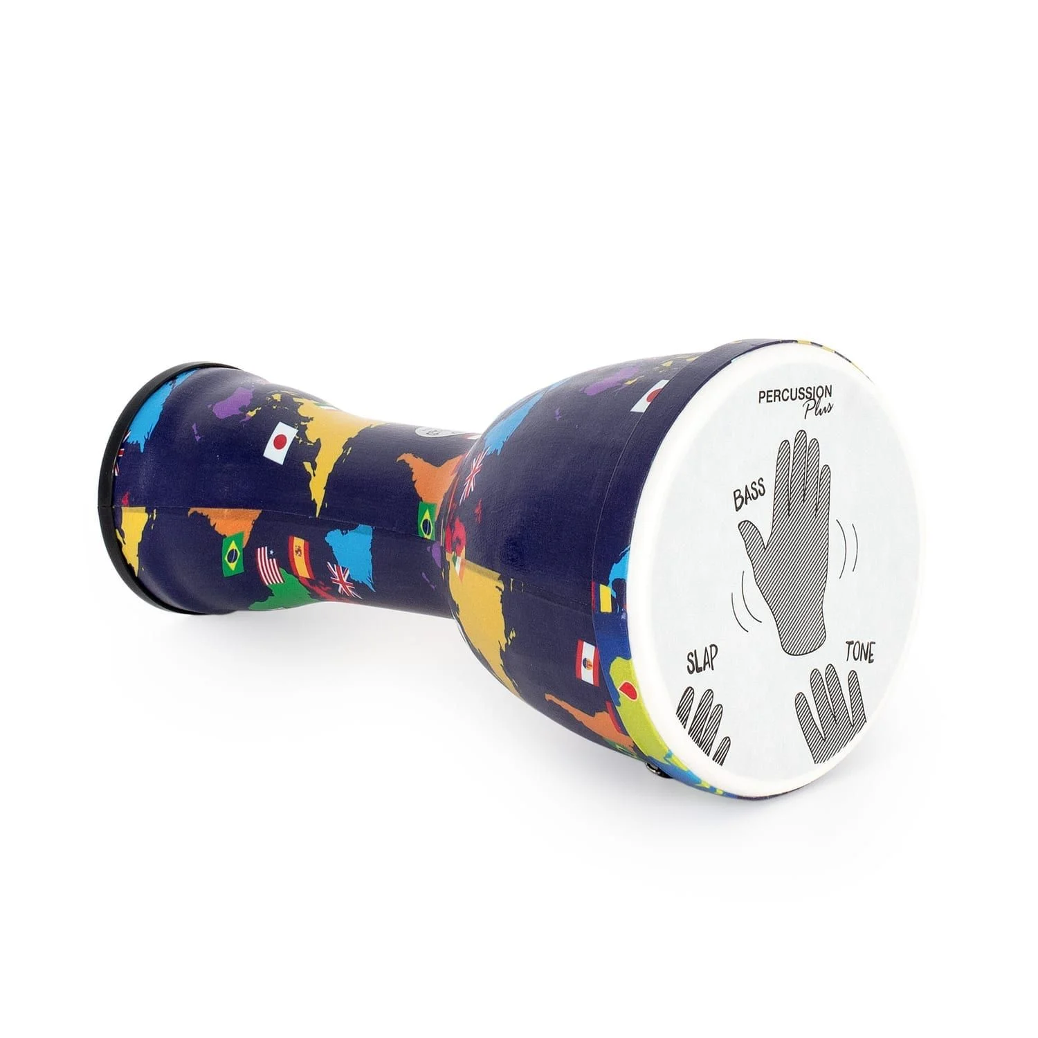 Djembe Drum 10 inch World Slap Synthetic Pre-tuned. This drum features a vibrant world map and a guide for playing bass, tone, and slap sounds.