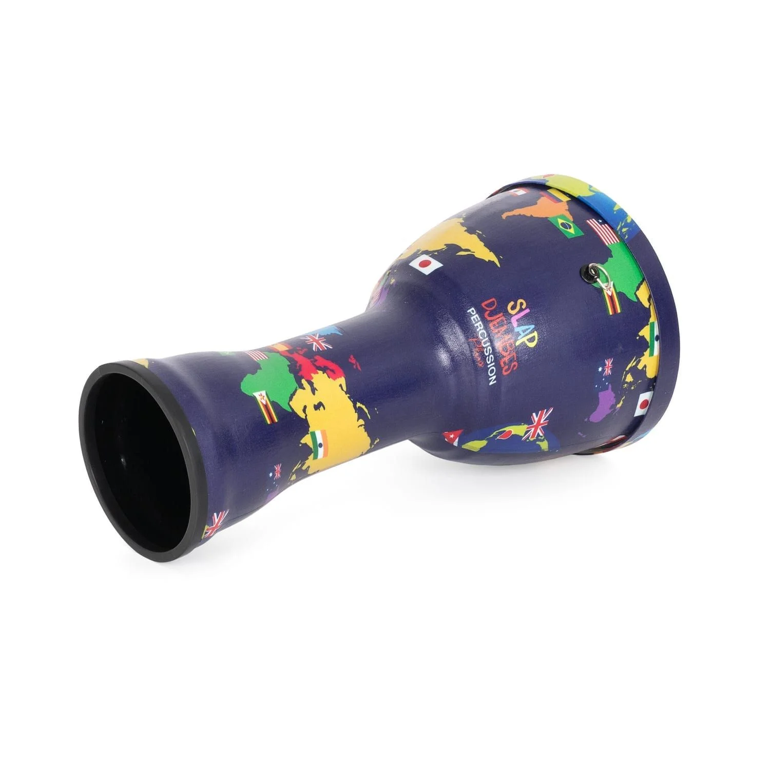 This pre-tuned, synthetic 10-inch World Slap Djembe drum features a unique world map design and is ready to play.