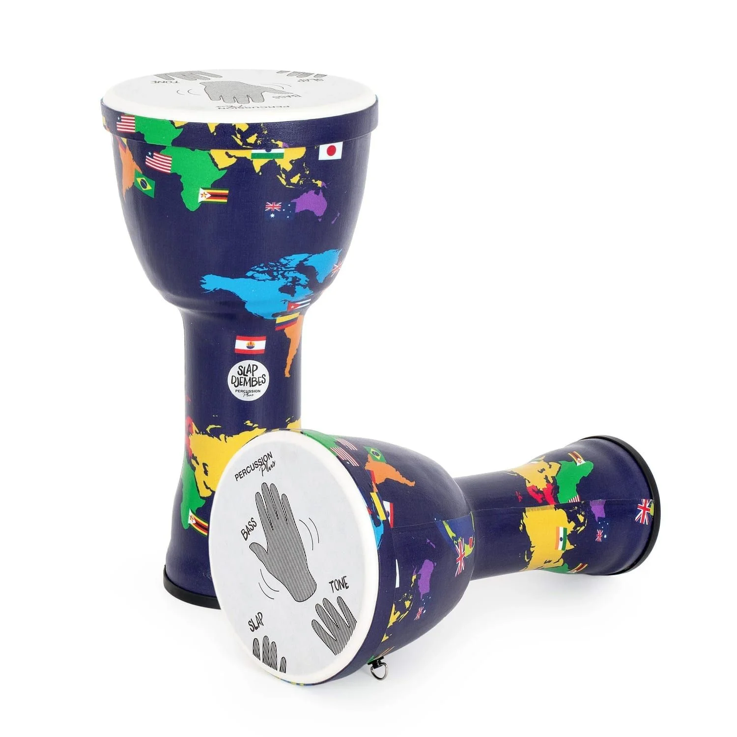 Djembe Drum 10 inch World Slap Synthetic Pre-tuned. Image shows two drums with world map design and hand placement guide. available at Drums for Schools.