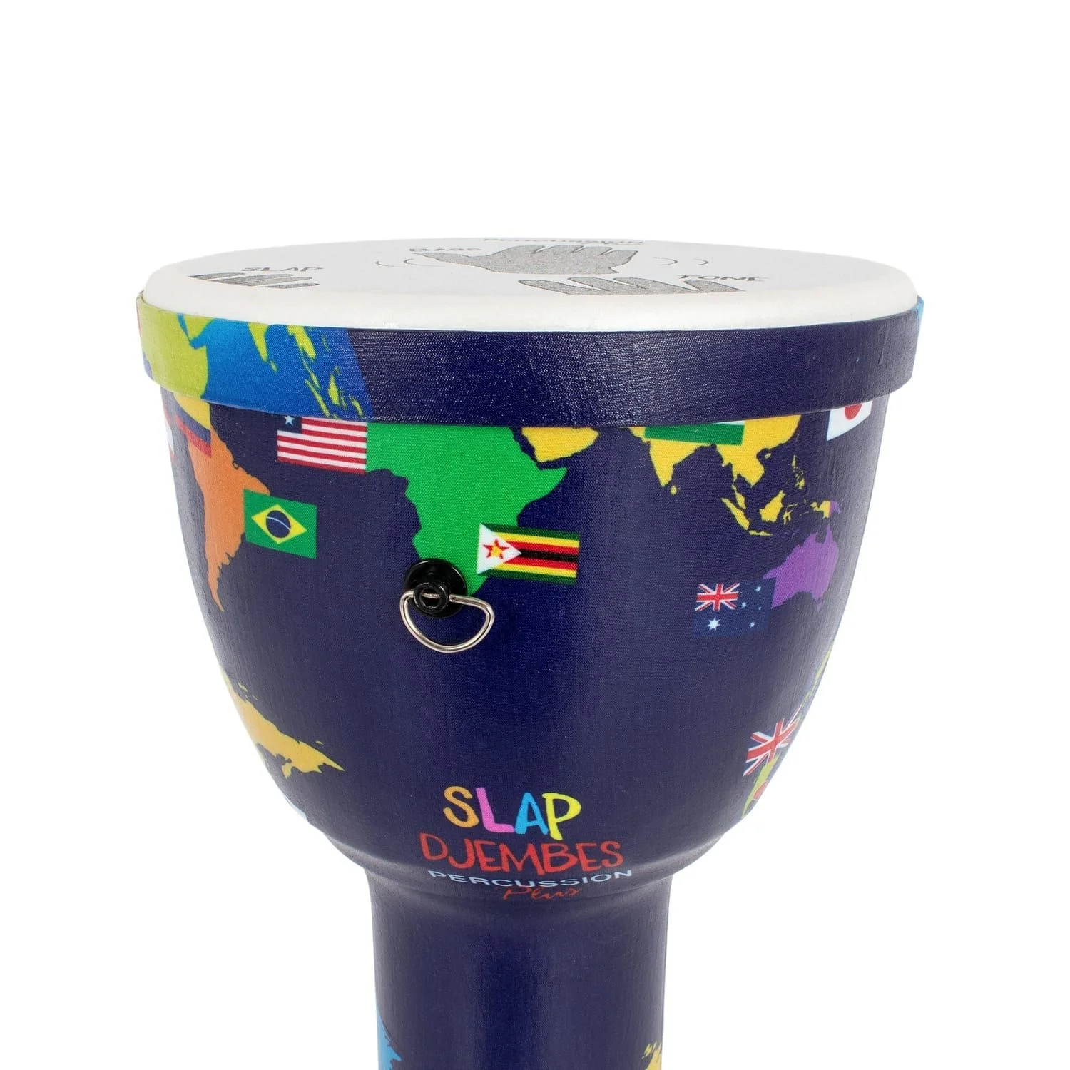 Top view of a pre-tuned Djembe drum with a 10-inch diameter and 50cm height, featuring a synthetic body with a vibrant world map and flags design, including the 'Slap Djembes Percussion Plus' logo.
