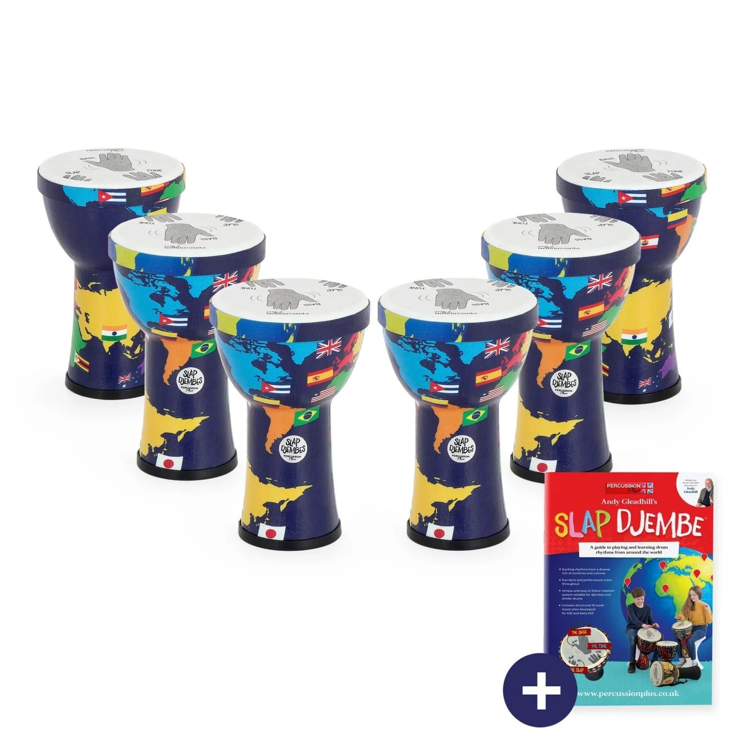 Percussion plus6 pack slap djembe 6 inch pre tuned, durable synthetic drums for group play