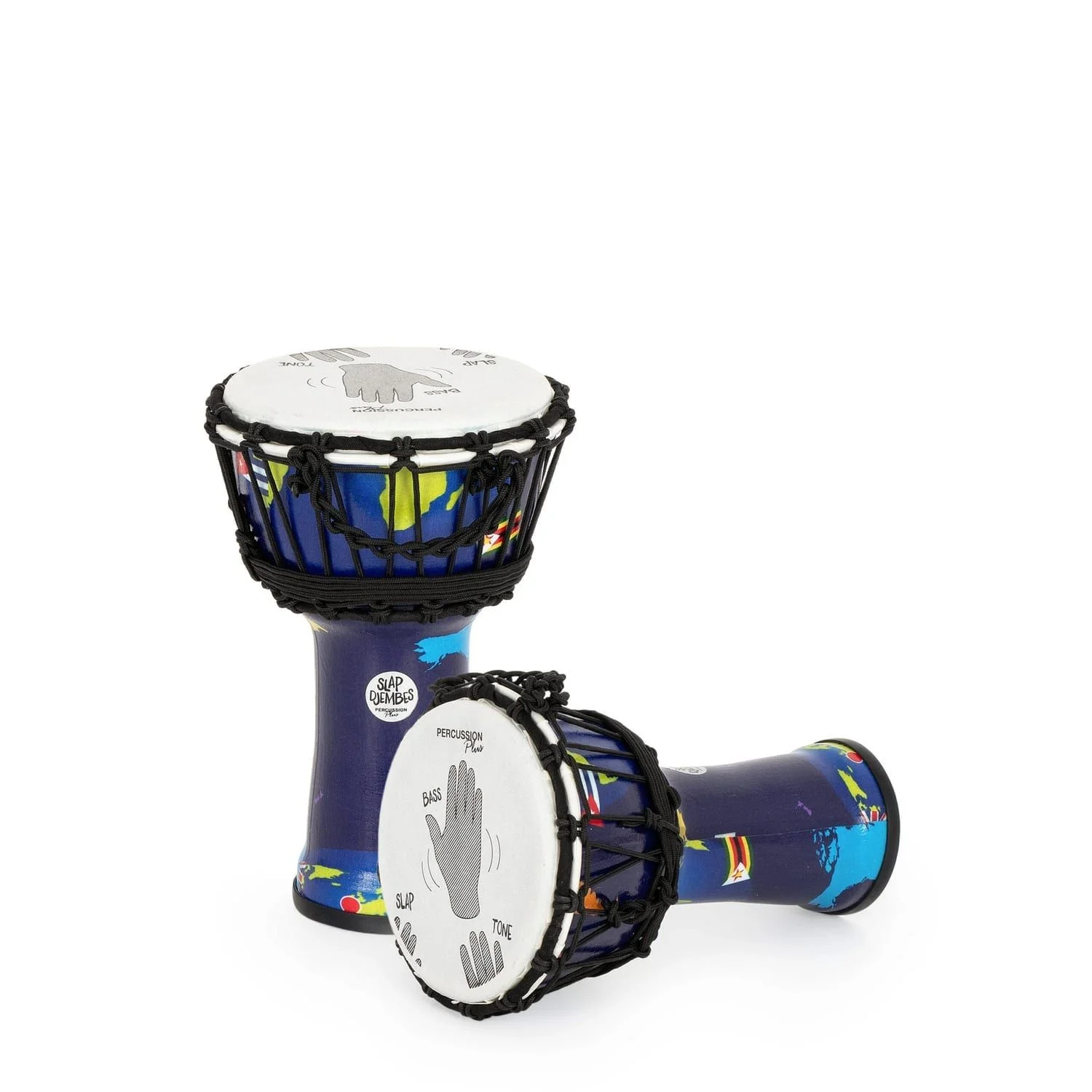 Pair of Percussion Plus World Slap Djembe drums (7" diameter, 32cm high) featuring world map patterns, synthetic heads, and rope tuning. Ideal for educational settings or group drumming.