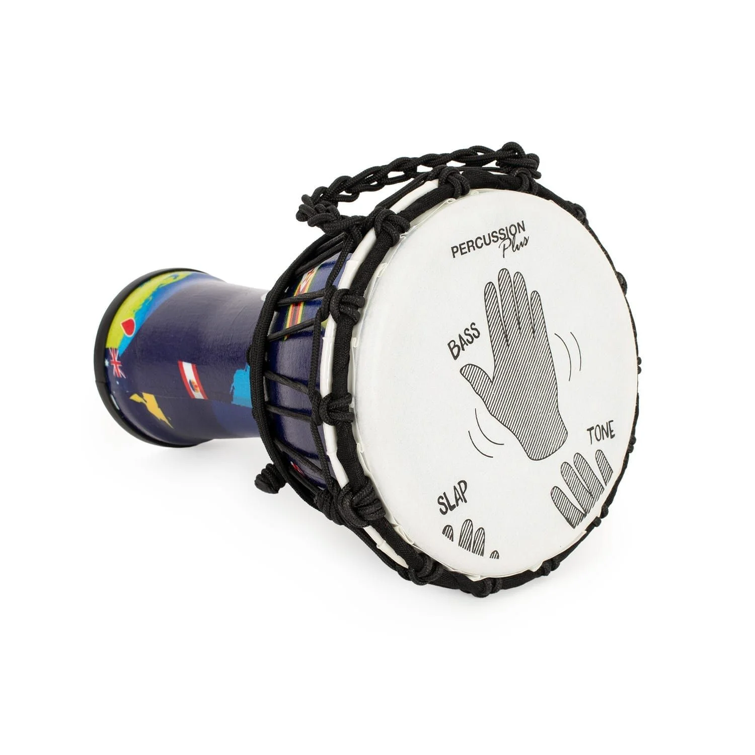 Buy the Percussion Plus World Slap Djembe drum (7" diameter, 32cm high) with a world map pattern, synthetic head, and rope tuning.