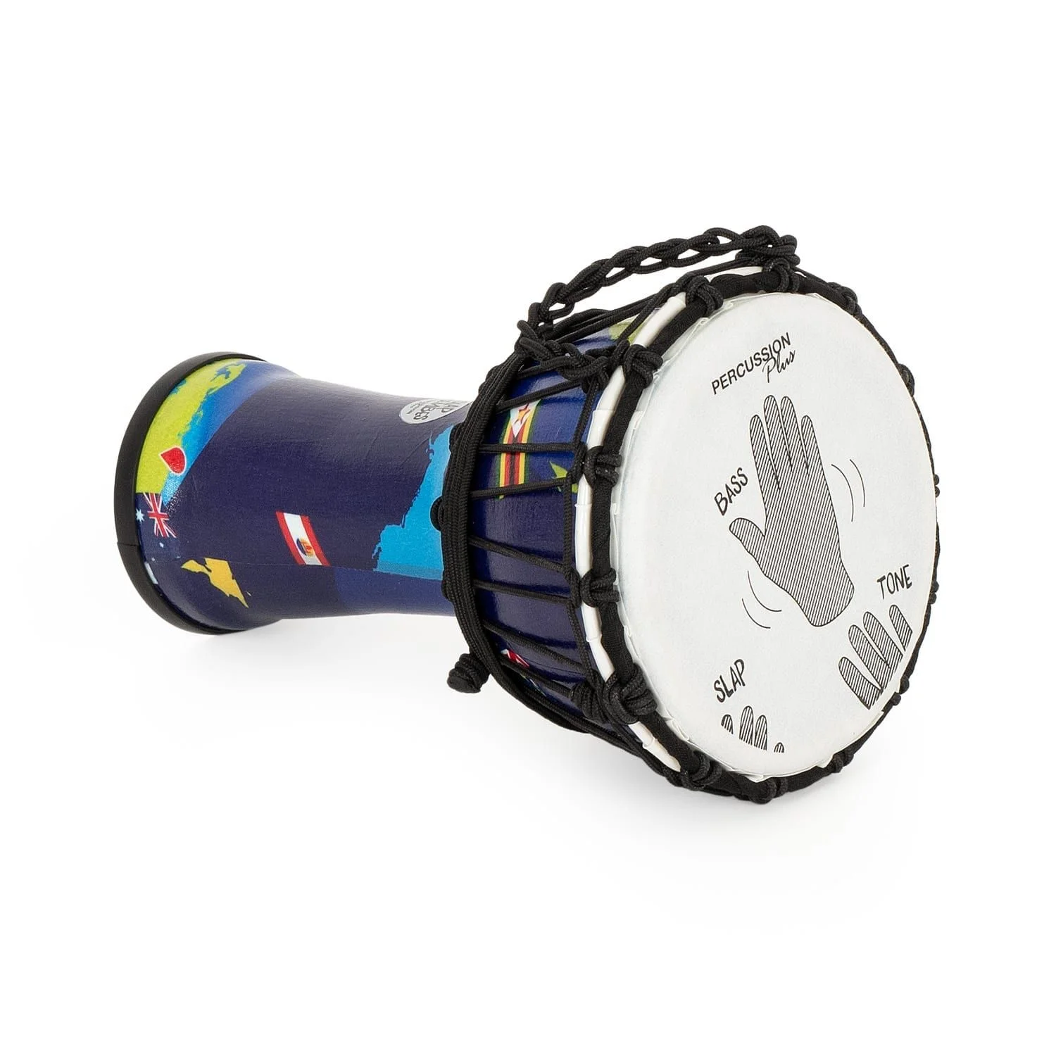 Percussion Plus World Slap Djembe drum (7" diameter, 32cm high) with a world map pattern, synthetic head, and rope tuning.