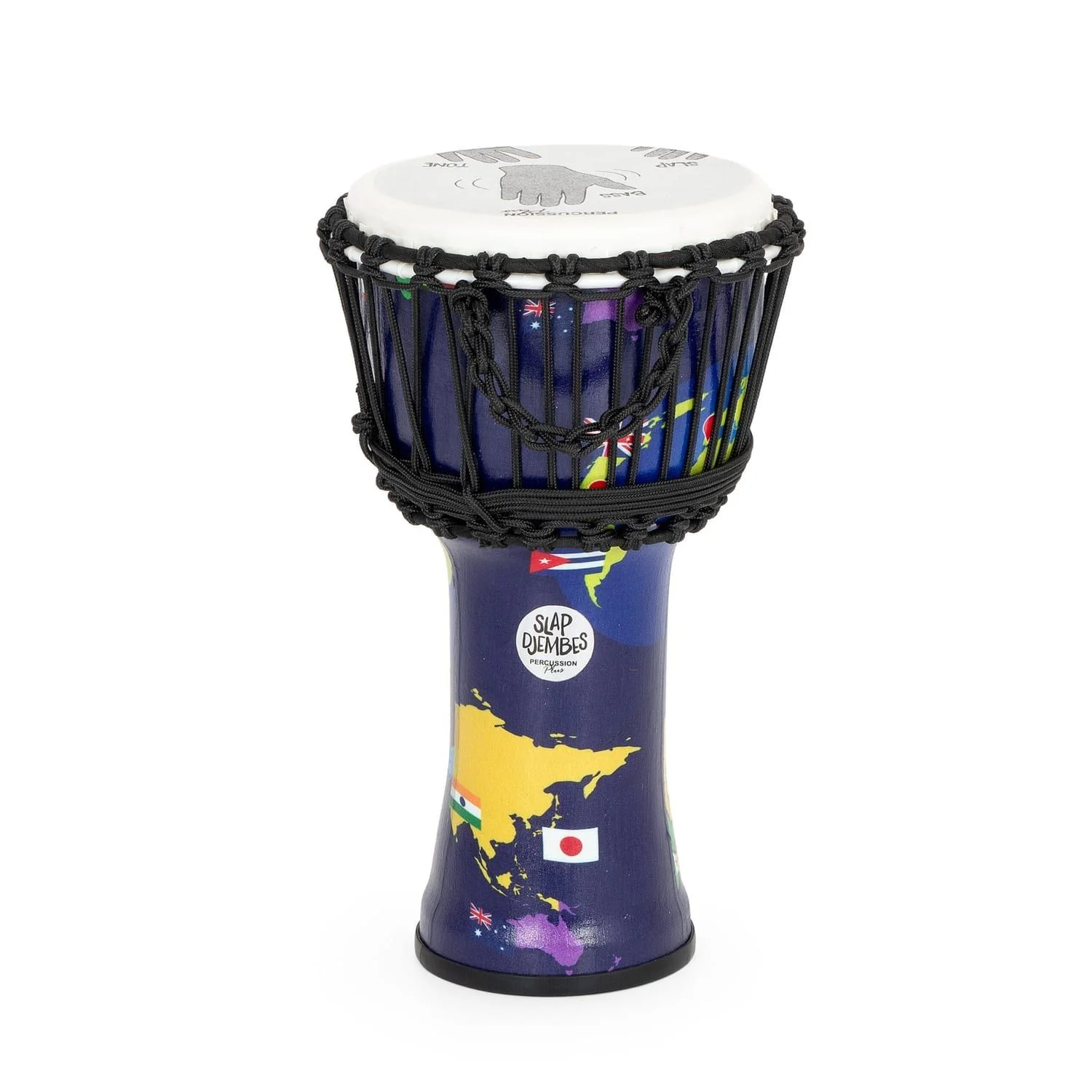 Front view of slap djembe 8 inch rope tuned – 42cm high, durable synthetic shell, handcrafted with world map design and Slap Djembes branding.