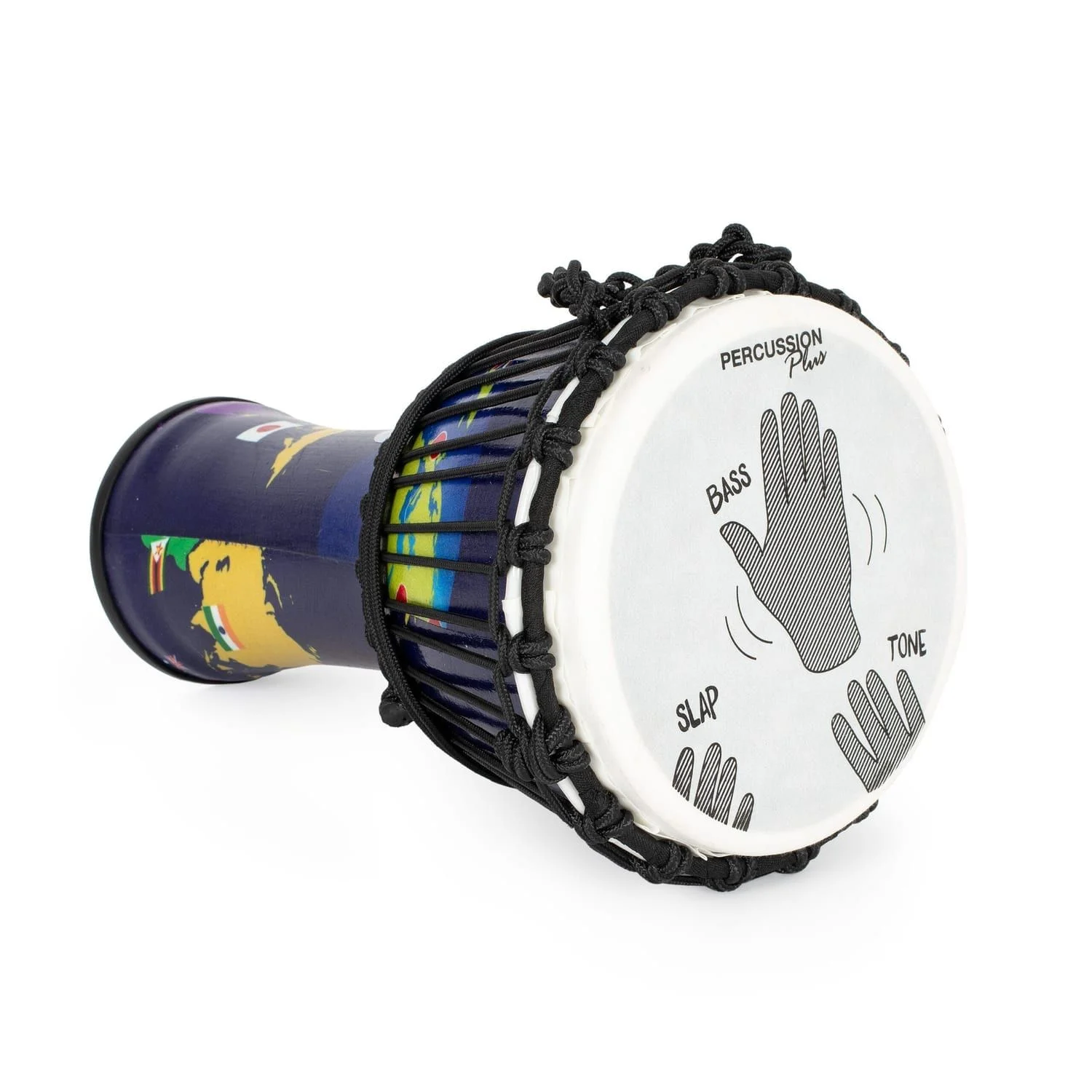 Another side angle of 8-inch rope-tuned Djembe drum with world map design and hand placement guide on the drumhead.