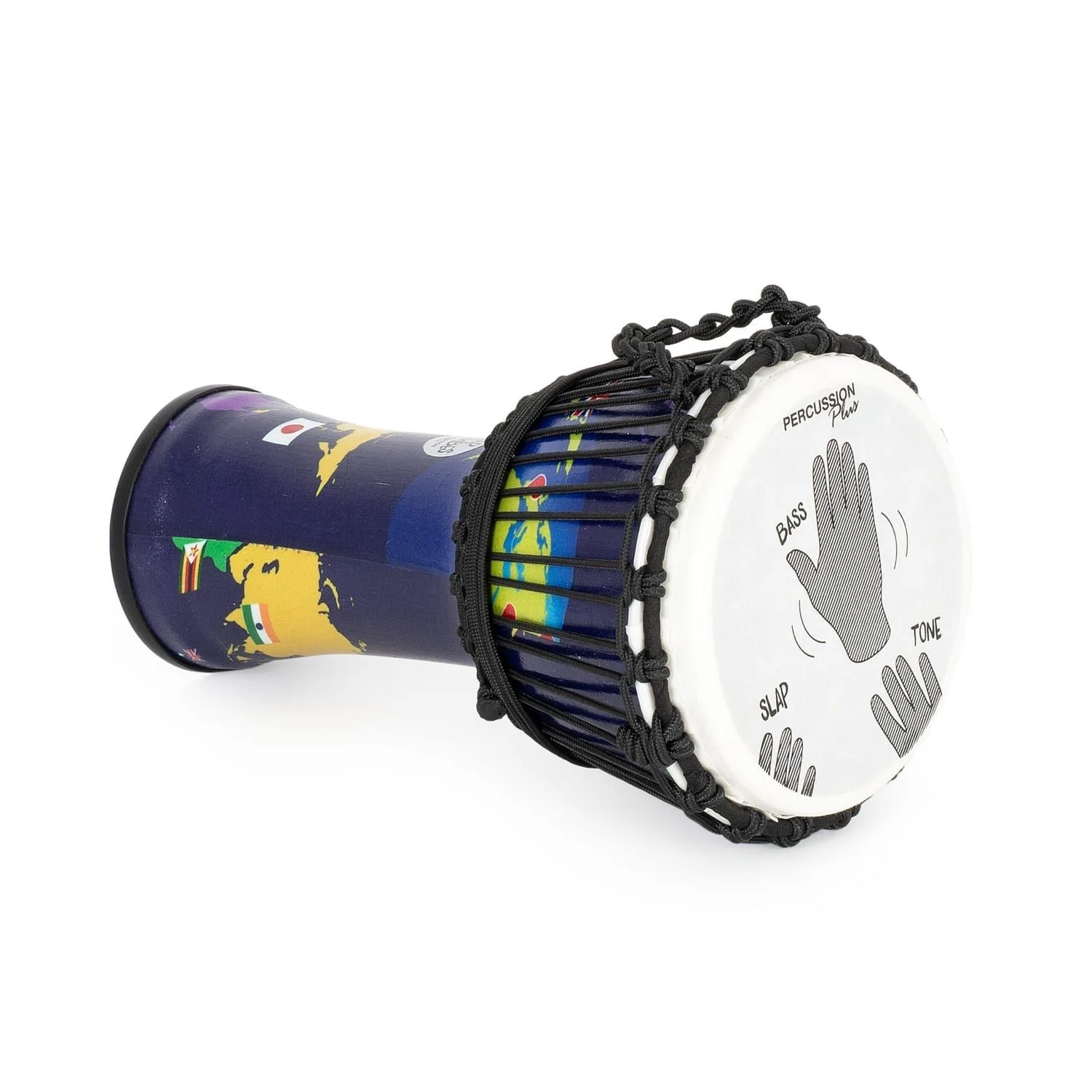 Side angle of 8-inch rope-tuned Djembe drum with world map design and hand placement guide on the drumhead.