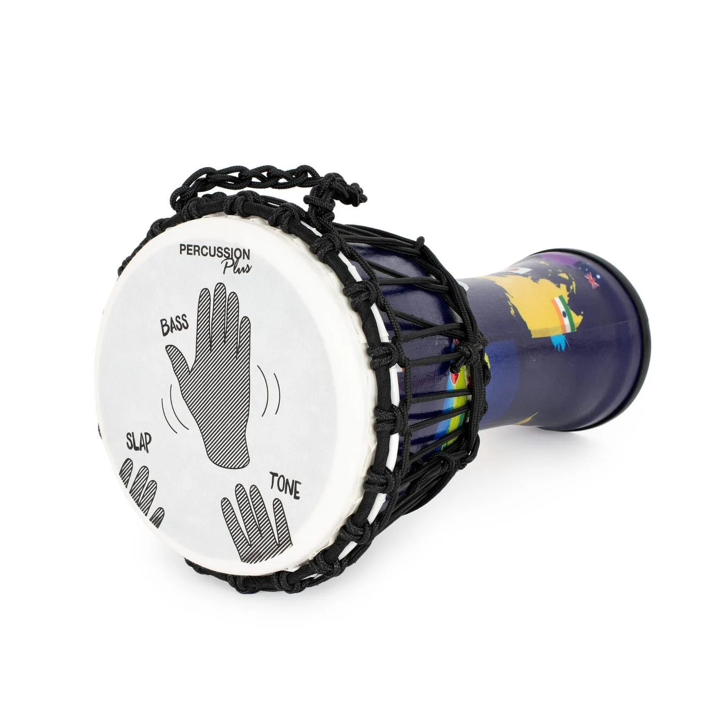 Side view of 8-inch rope-tuned Djembe drum with world map design and hand placement guide on the drumhead.