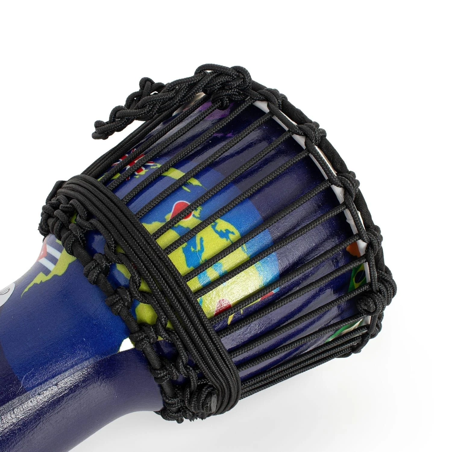 Close-up of an 8-inch diameter, 42cm high, rope-tuned synthetic Djembe drum with a vibrant world map design on its body. Black ropes secure the drumhead, showcasing intricate craftsmanship and colorful detailing.