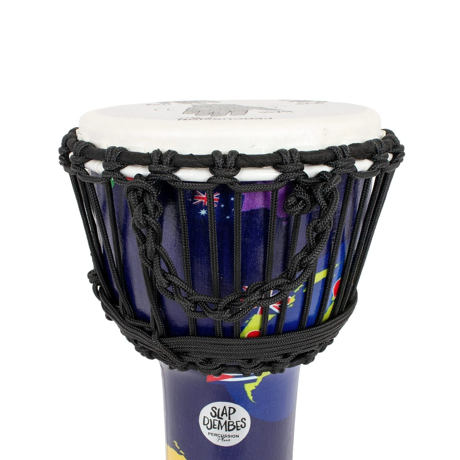 Top view of 8-inch synthetic Djembe drum with rope tuning, featuring Slap Djembes logo and colorful world map design, 42cm high.