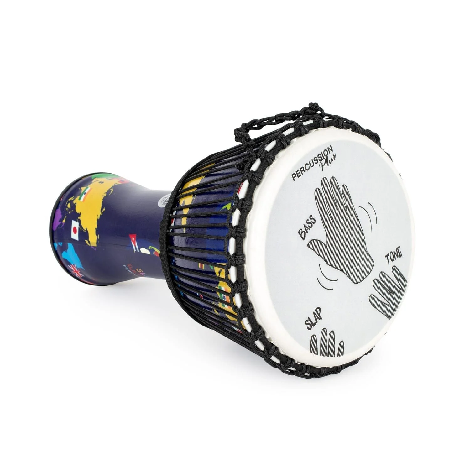 Another side view of synthetic 10-inch Djembe drum with world map design, featuring rope tuning and instructional graphic for Bass, Slap, and Tone hand techniques, 50cm high.