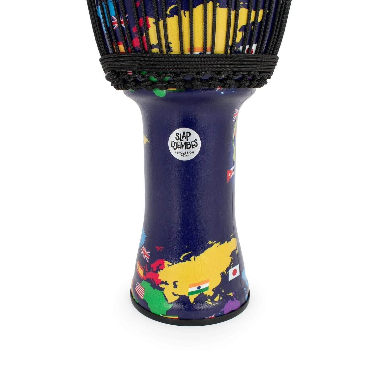 This is a close-up of 10-inch synthetic Djembe drum with Slap Djembes logo, rope tuning, and vibrant world map design featuring flags, 50cm high.