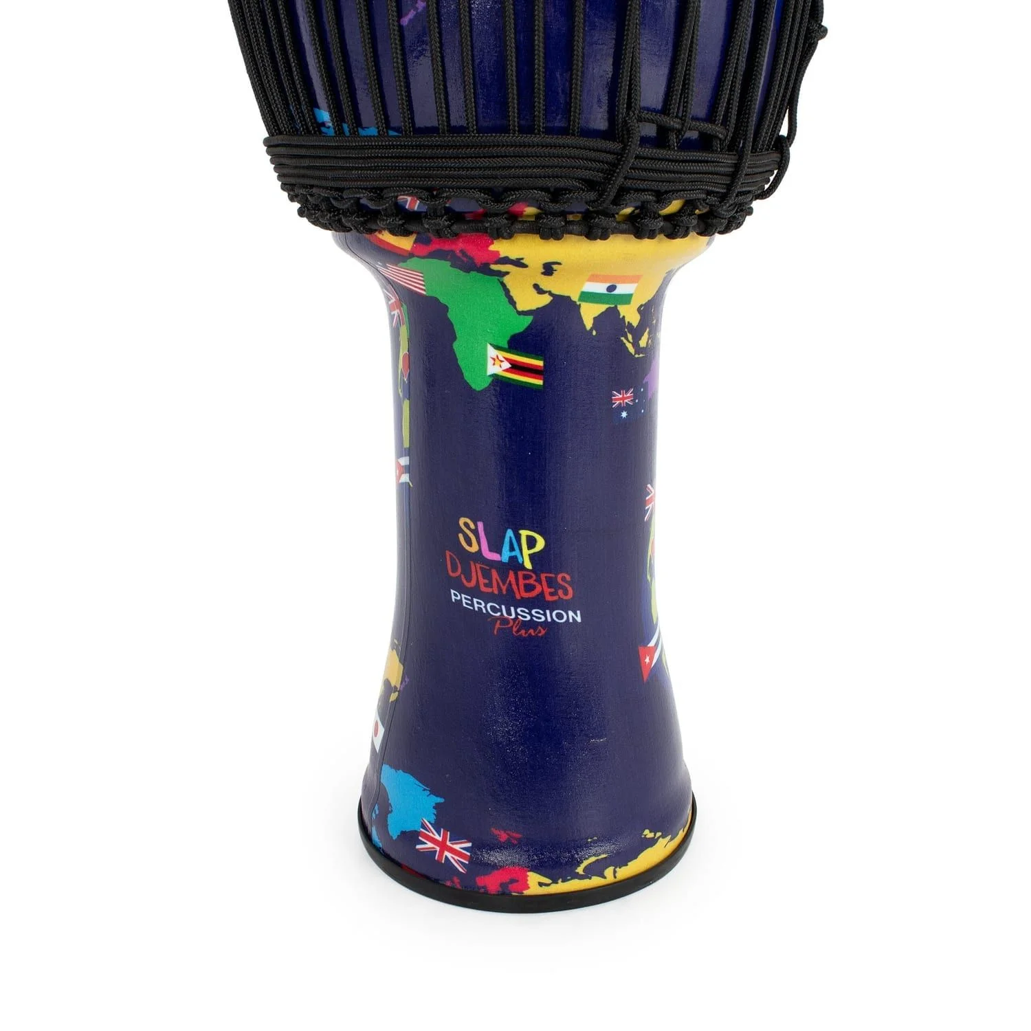 Side view of 10-inch synthetic Djembe drum with colorful world map design, featuring Slap Djembes branding and rope tuning, 50cm high.