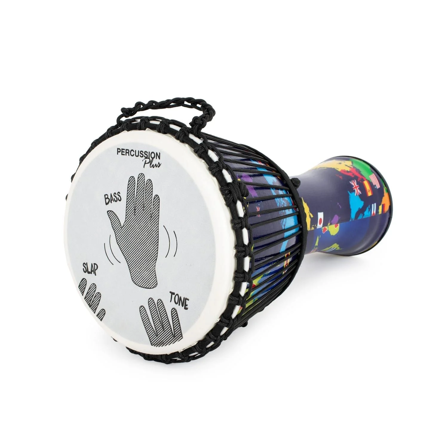 Side view of synthetic 12-inch Djembe drum with world map design, featuring hand technique instructions for Bass, Slap, and Tone, 60cm high, rope-tuned with Slap Percussion branding.