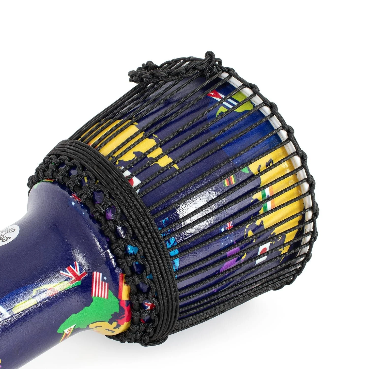 Close-up of rope tuning and world map design on synthetic 12-inch Djembe drum, with Slap Percussion branding and colorful flag patterns, 60cm high.