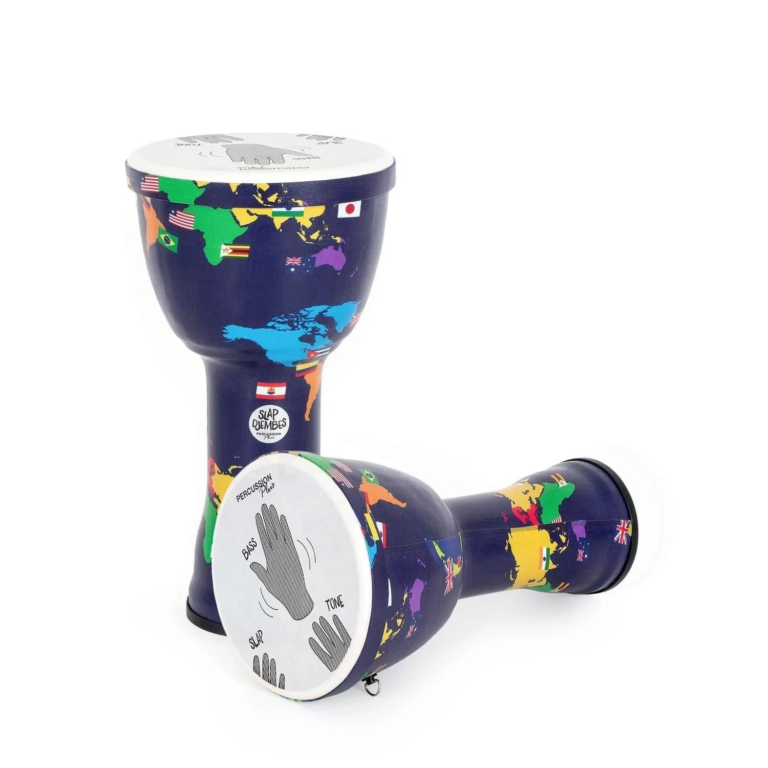 Djembe Drum 8 inch World Slap Synthetic Pre-tuned. This drum features a vibrant world map design and a guide for playing bass, tone, and slap sounds.