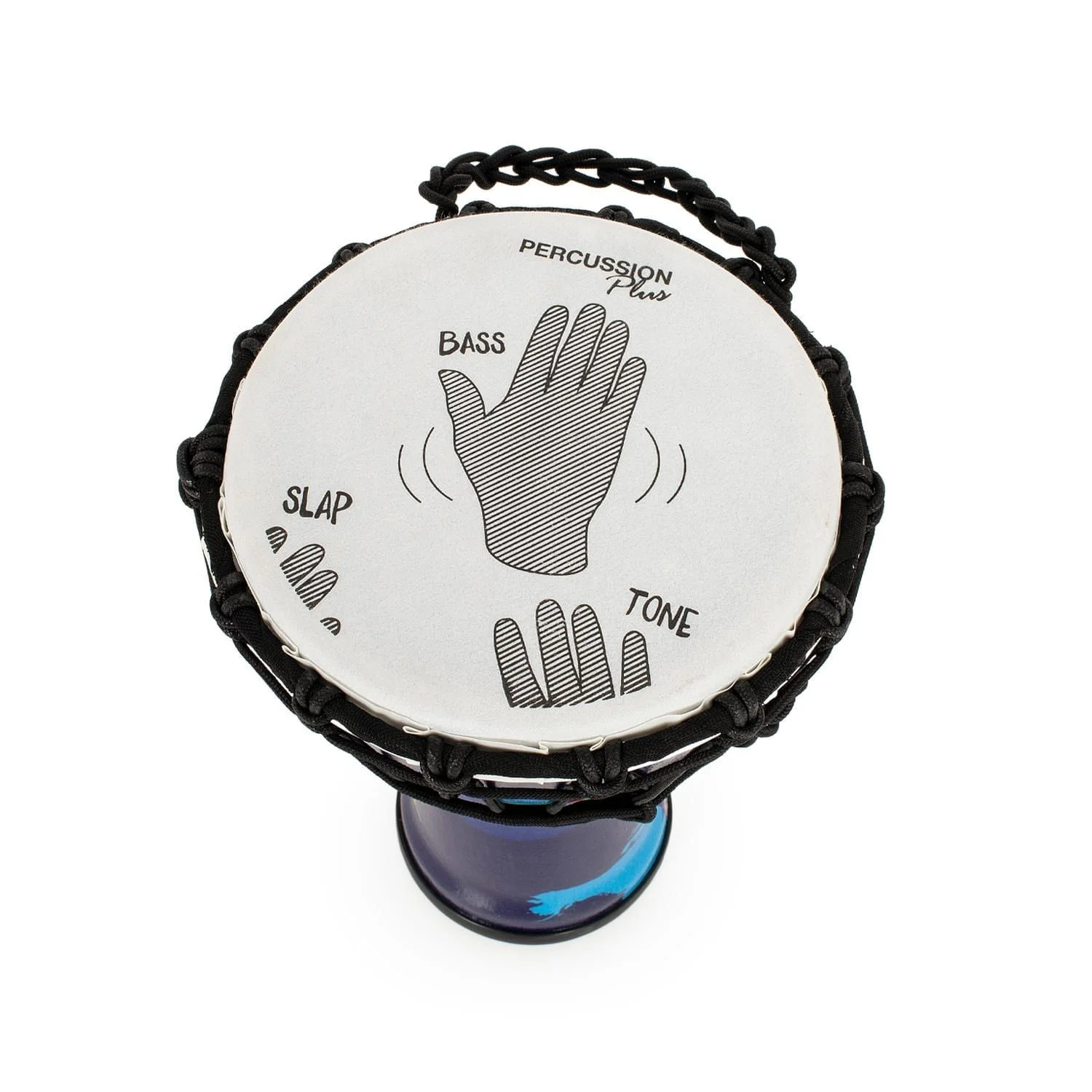 Percussion Plus World Slap Djembe drum (7" diameter, 32cm high) with synthetic head, rope tuning, and blue and purple pattern. Shows hand positions for bass, tone, and slap techniques.