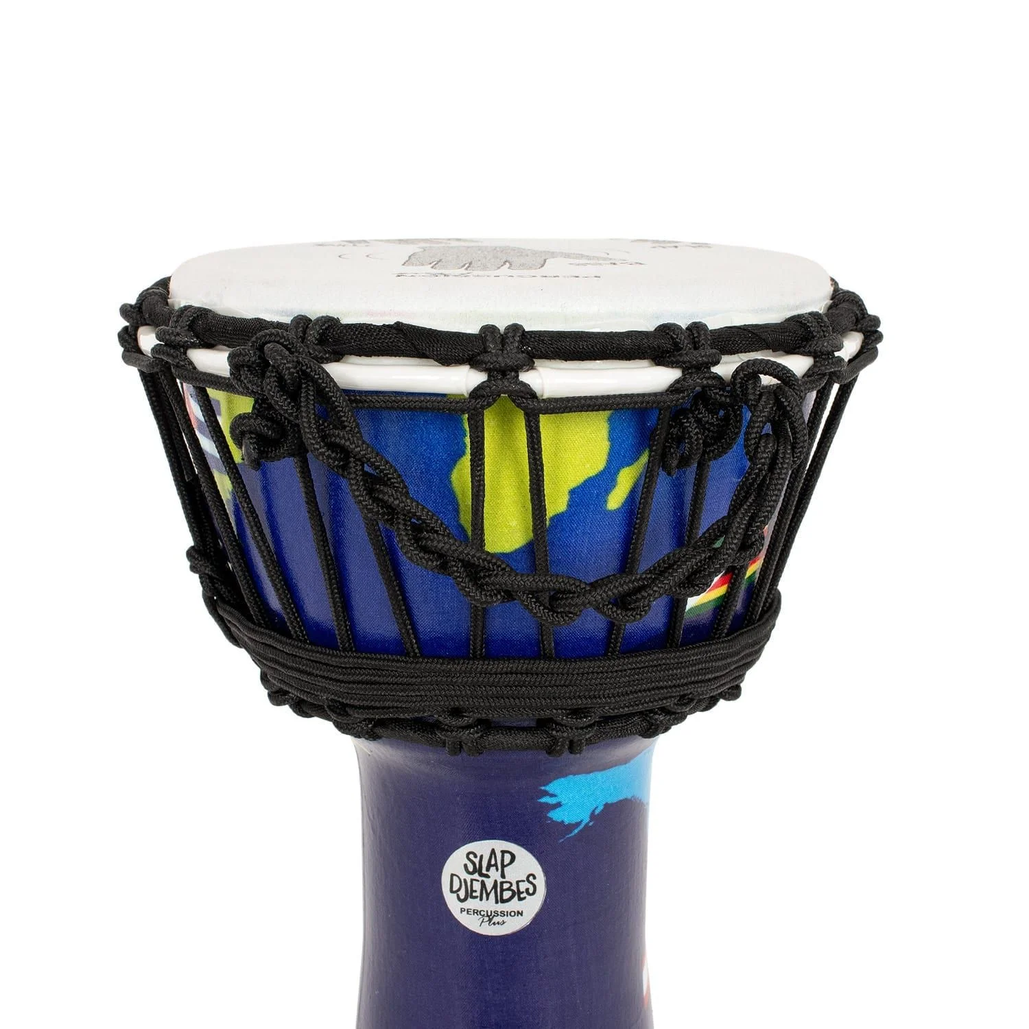 Close-up of a rope-tuned Djembe drum with a 7-inch diameter and 32cm height, featuring a vibrant world map-themed design on a synthetic body, and the 'Slap Djembes Percussion' logo prominently displayed.