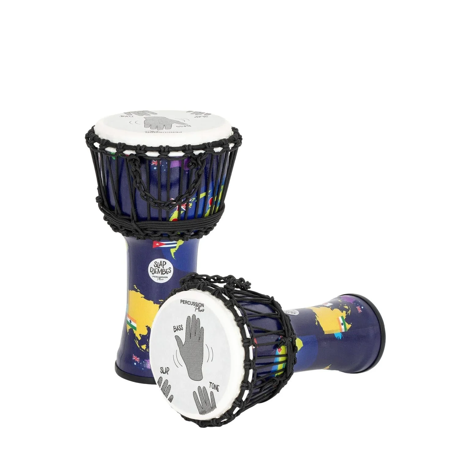 Two 8-inch rope-tuned Djembe drums with world map design, showing hand placement guide on drumheads.