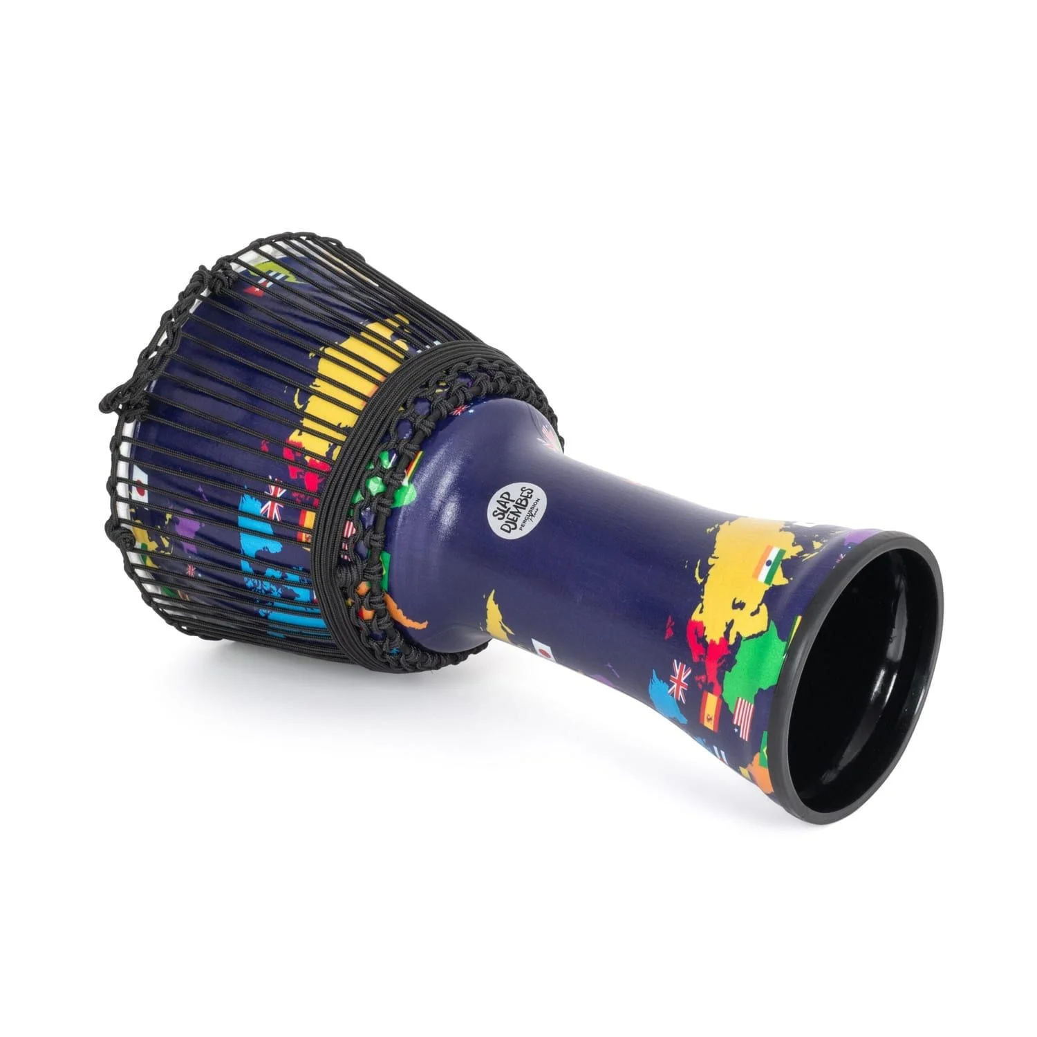 View of synthetic 10-inch Djembe drum with rope tuning, featuring Slap Djembes logo and colorful world map design, 50cm high.