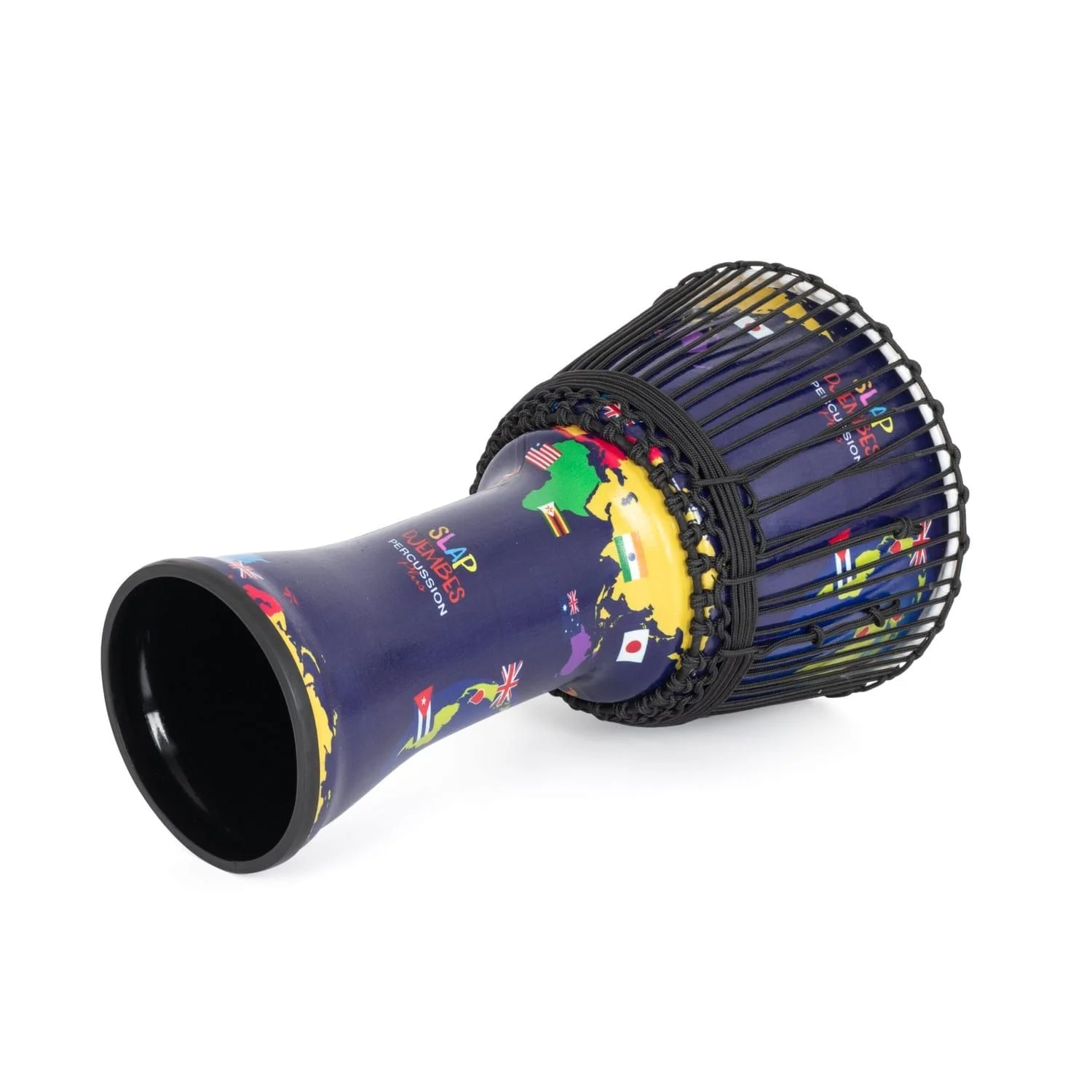 Side view of 10-inch synthetic Djembe drum with world map design and Slap Percussion branding, featuring rope tuning, 50cm high.
