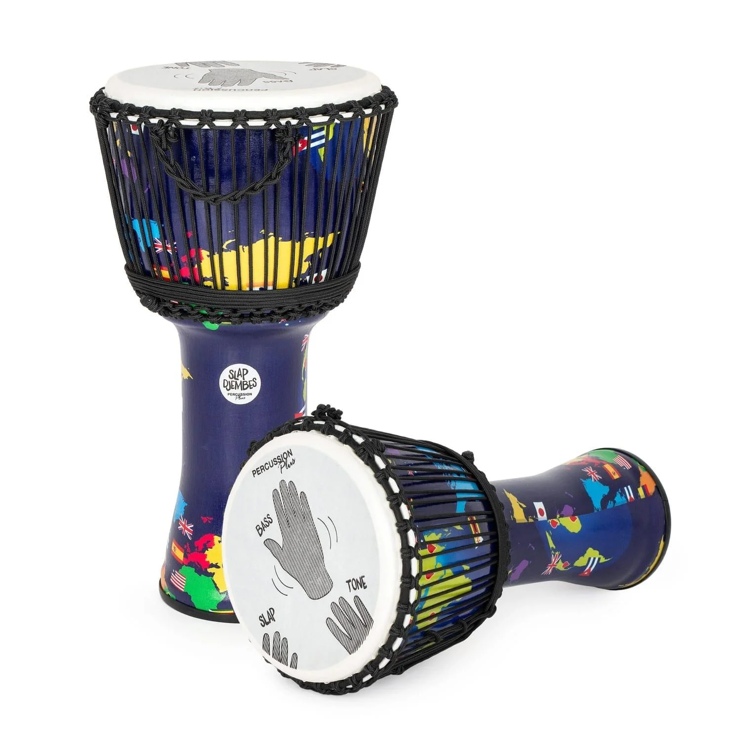 Two synthetic 12-inch Djembe drums with world map design, one displaying hand technique instructions for Bass, Slap, and Tone, 60cm high, rope-tuned with Slap Percussion branding.