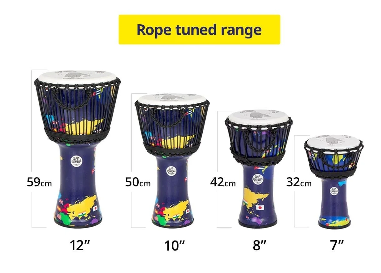 Djembe Drum 7" diameter, 32cm high, World Slap synthetic, rope-tuned, with different sizes (7", 8", 10", 12").
