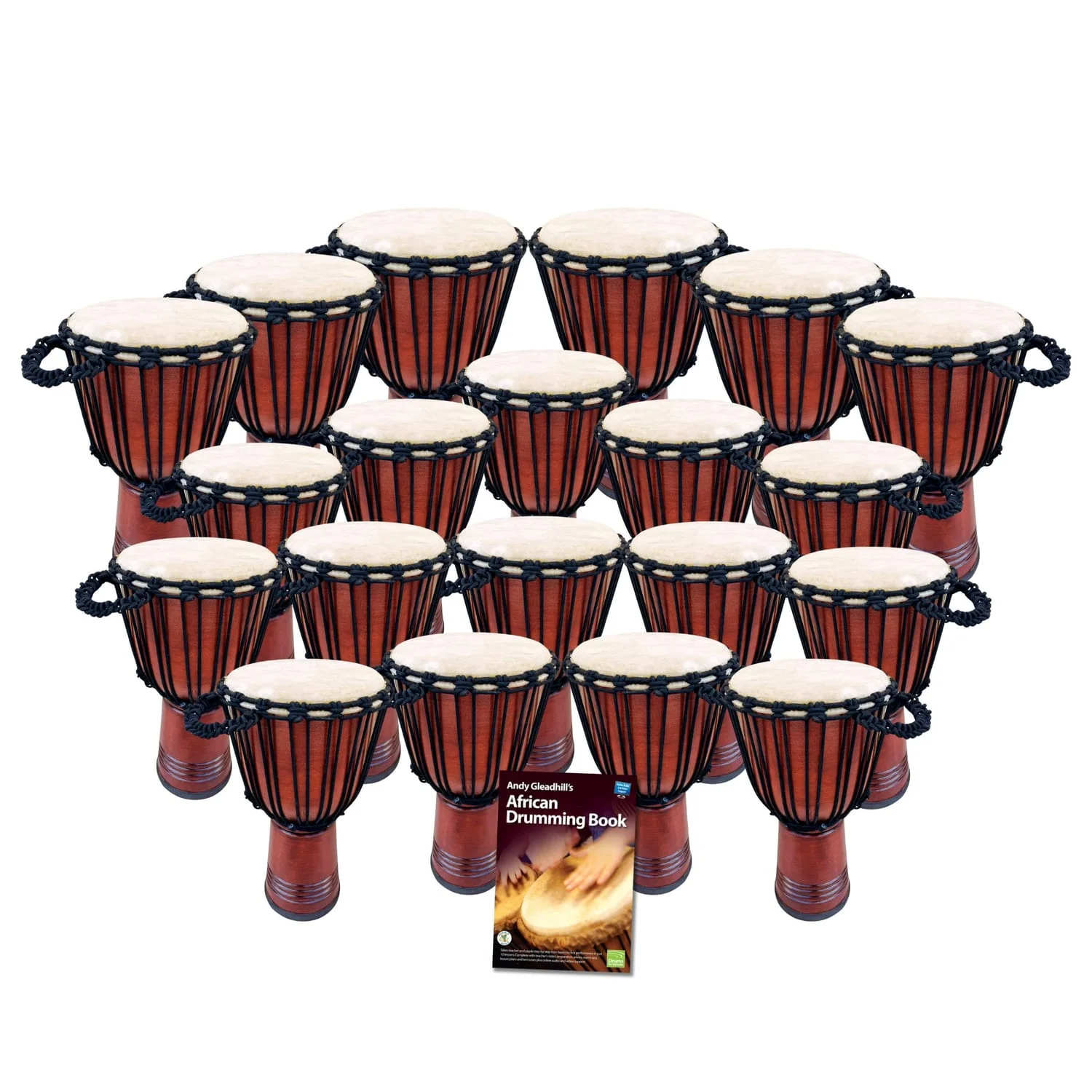 Secondary 20 Educator Classic Djembe Drum Set — 20 rope-tuned djembes with goatskin heads (10" & 12") plus teaching book