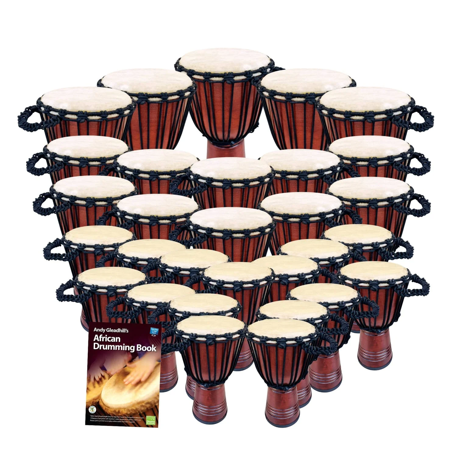Primary 30 Educator Classic Djembe Drum Set — 30 rope-tuned wooden djembes with goatskin heads (8.5", 10", 12") and book