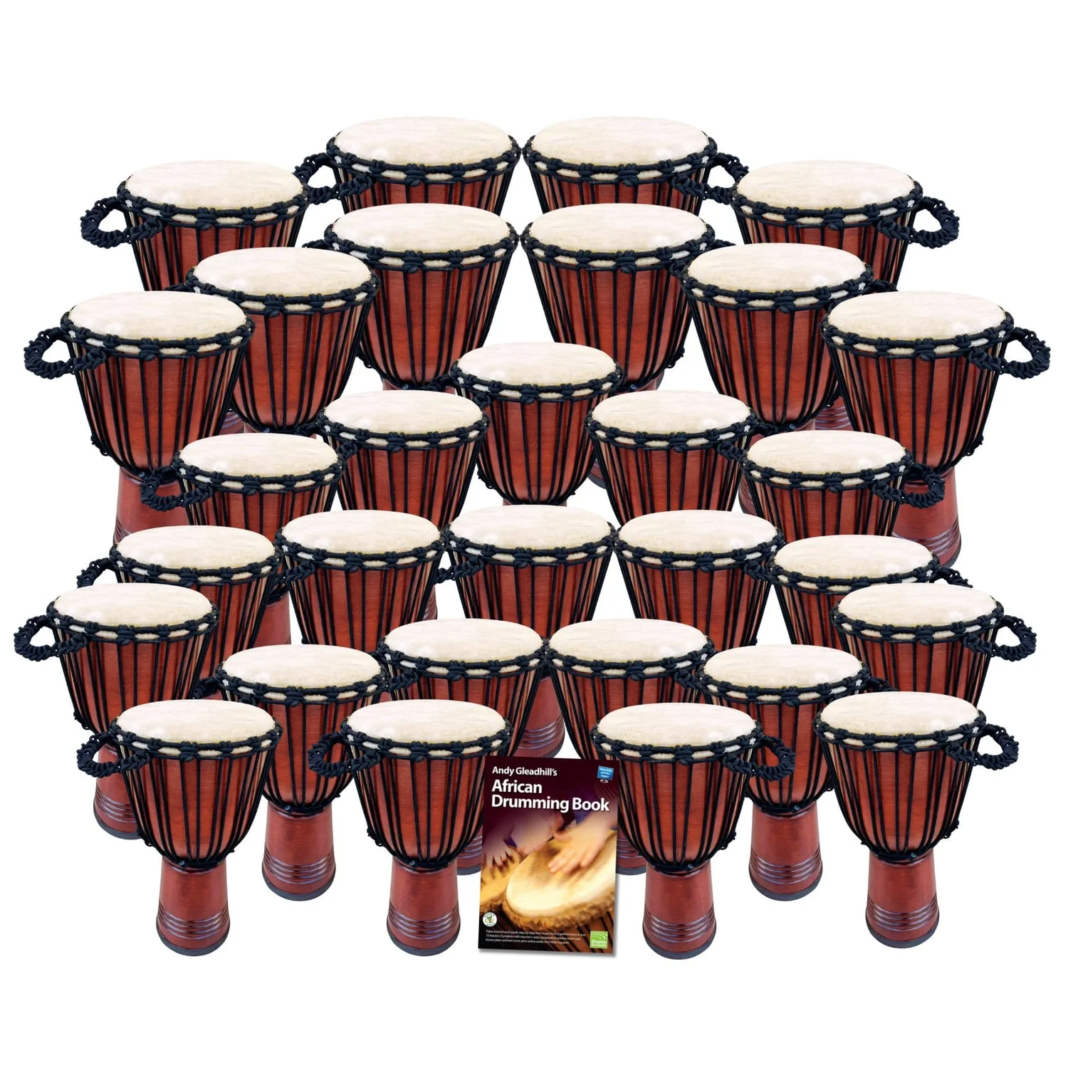 Secondary 30 Educator Classic Djembe Drum Set — 30 rope-tuned djembes, goatskin heads (10" & 12"), plus African Drumming Book