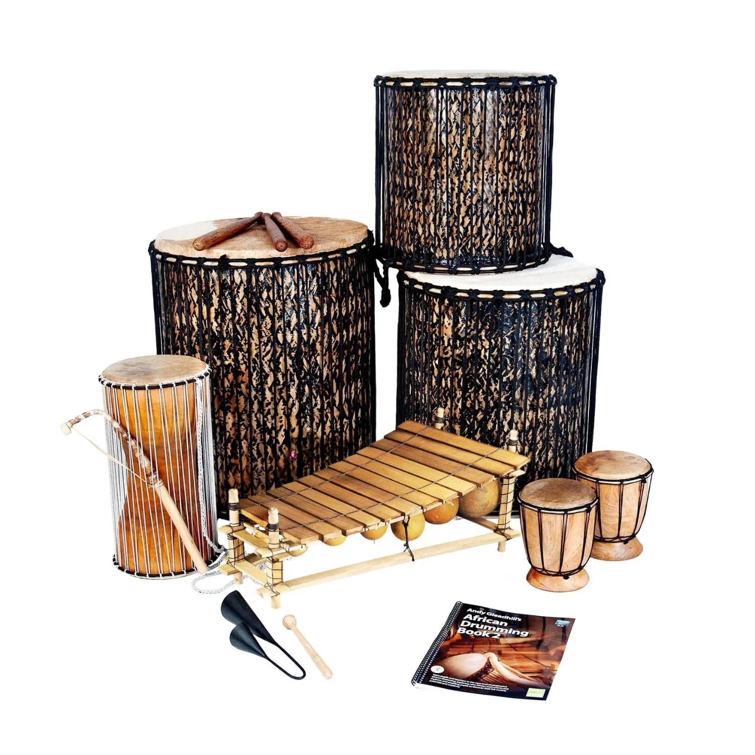 Level 2 African Drumming Add-on Set with extra West African drums, balafon, shakers and Andy Gleadhill’s African Drumming Book 2