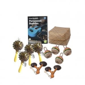 This is a product image of the African Drumming - Percussion Buddies - 10 Pack. The products included in the pack are laid out and include the following; Back Row - Andy Gleadhill's Percussion Buddies Book, Storage Basket. Middle row - Four Seseh - Coconut Shakers, four Caxixi Basket Shakers. Front row - Two Agogo - natural.