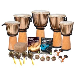 This is a product image of the African Drumming - Secondary - 15 Player Class Pack - Budget Buddies. The products in the pack are laid out and include the following; Back Row - One Djembe Drum - Standard - 12in diameter, 65cm high, natural. Second Row - Two Djembe Drum - Standard - 10.5in diameter, 60cm high, natural. Third Row - Two Djembe Drum - Standard - 9in diameter, 50cm high, natural. Fourth Row - Storage Basket, Andy Gleadhill's African Drumming Book 1, Andy Gleadhill's Percussion Buddies Book. Front Row - Four Seseh - Coconut Shakers, four Caxixi Basket Shakers, two Agogo - natural.