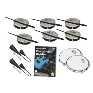 This is a product image of the Brazilian Samba - Percussion Buddies - 10 Pack. The products in the pack are laid out and include the following; Back Two Rows -  Six Tamborim - 6in diameter, Izzo, with beaters lying on them. Bottom Two Rows - Two Agogo Bells - Medium, Andy Gleadhill's Percussion Buddies Book, two Pandeiro - 10in diameter, Izzo.