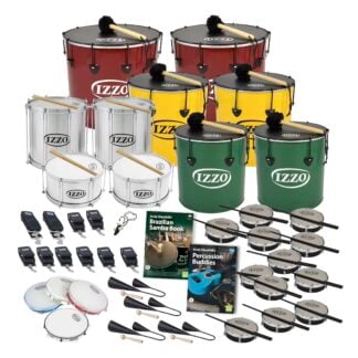 This is a product image of the Brazilian Samba - Secondary - 30 Player Class Pack - Budget Buddies. The products are laid out and include the following; Back Row - Two Nesting Surdo - 18in diameter, aluminium, Izzo (Red). Second Row - Two Nesting Surdo - 16in diameter, aluminium, Izzo (Yellow). Third Row - Repinique - 12in diameter, aluminium, Izzo (Silver). Fourth Row - Two Caixa - 12in diameter, aluminium, Izzo (Silver), two Nesting Surdo - 14in diameter, aluminium, Izzo (Green). Fifth Row - Two straps for the Caixas, eight straps for the Repiniques and Surdos, one Tritone Samba Whistle (Apito), Andy Gleadhill's Brazilian Samba Book, Andy Gleadhill's Percussion Buddies Book, twelve Tamborim - Izzo. Bottom Row - Four Pandeiro - 10in diameter, Izzo, four Agogo Bells - Medium. All of the drums have a suitable beater or stick lying on top of their skin.